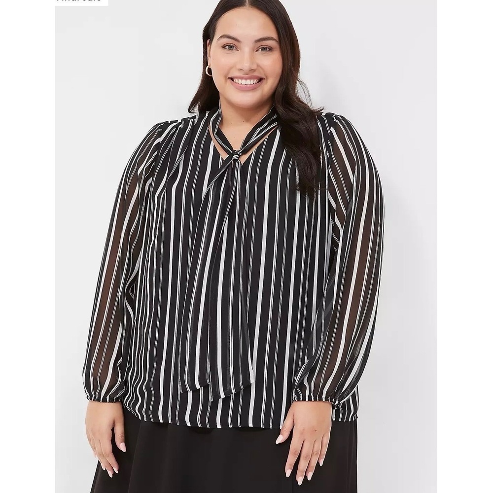 Lane Bryant Tie Neck Popover Blouse Black White Striped Chiffon Plus Size 22 NEW
